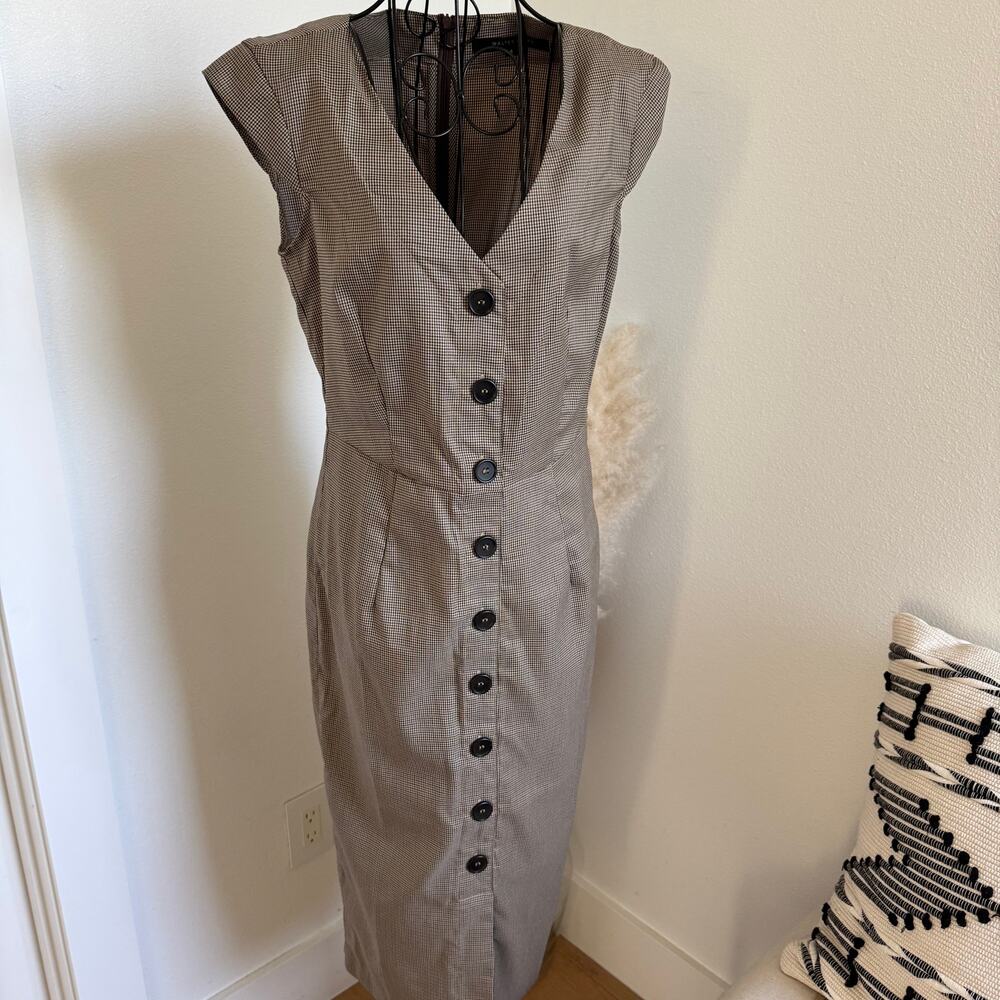 Walter Baker Neutral Micro Houndstooth Tailored Midi Dress